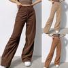 Women’s Solid Mid Waisted Wide Leg Pants Straight  Casual Baggy Trousers