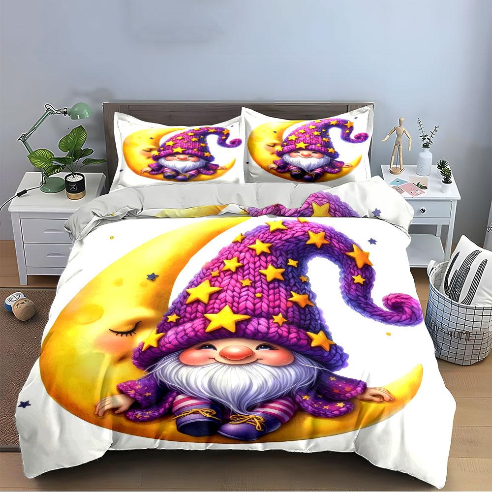 Gnome on Moon with Star Hat Bedding Duvet Cover Set (1*Duvet Cover 2*Pillowcases, without duvet insert)