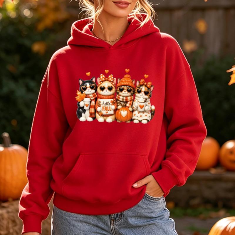 Женская Худи Hello Fall Кот Графика Уютный Сезон Тыква Котёнок Свитшот Осень Любитель Кофе Подарок Топ Зимняя Одежда Женщины