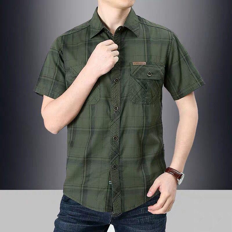 Summer Men Short Sleeve Shirt Streetwear Fashion Lapel Business Plaid Casual Tops Plus Size