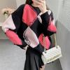 Vintage Sweater Oversize Argyle O-Neck Pullover Loose Fall Sweaters for Women Korean Fashion Long Sleeve Sweater