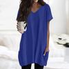 Womens Tops V-neck Short Sleeve Blouses Casual Mid-length Shirts Fashion Print Tunic Tops With Pockets