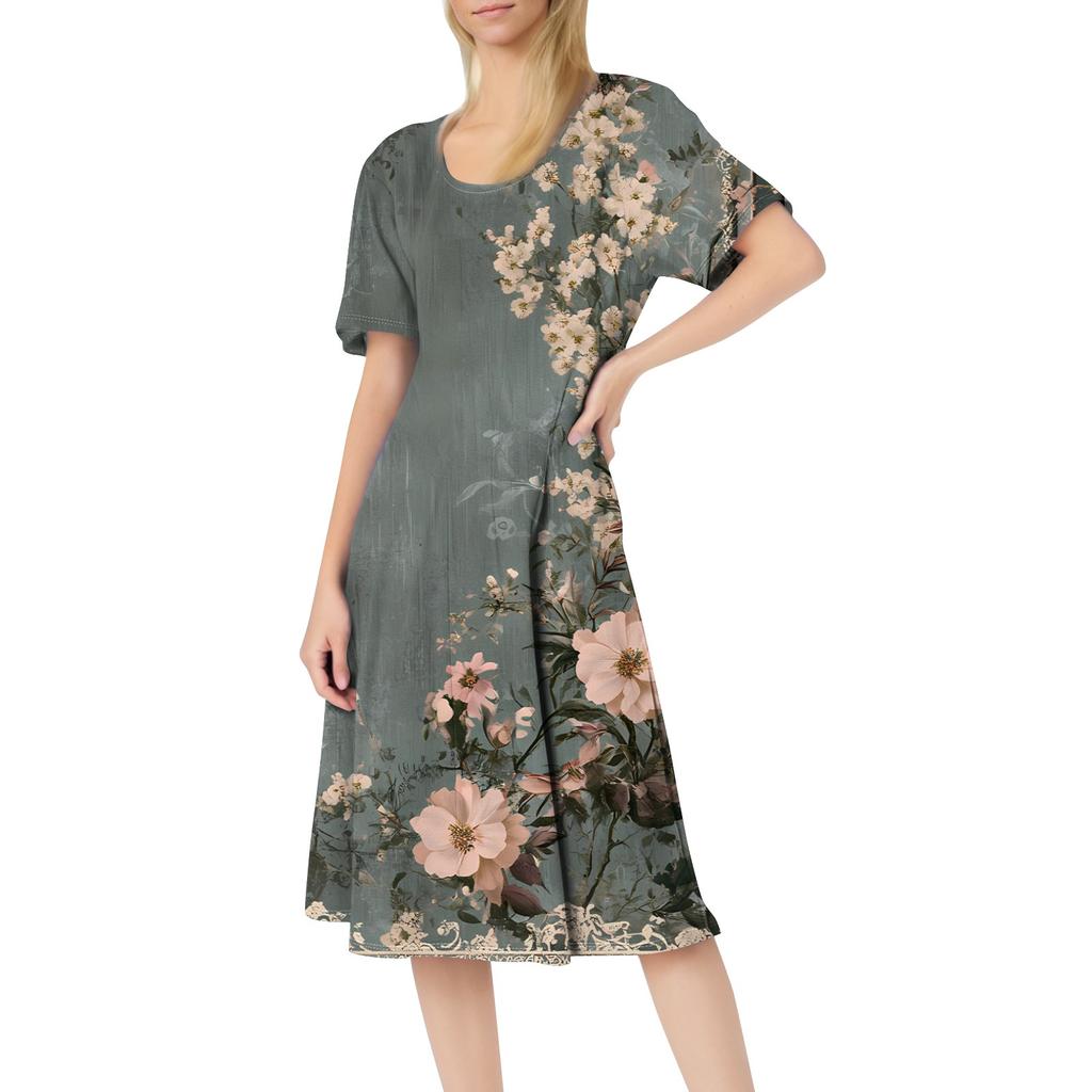 Женское повседневное модное платье миди с круглым вырезом и коротким рукавом с принтом