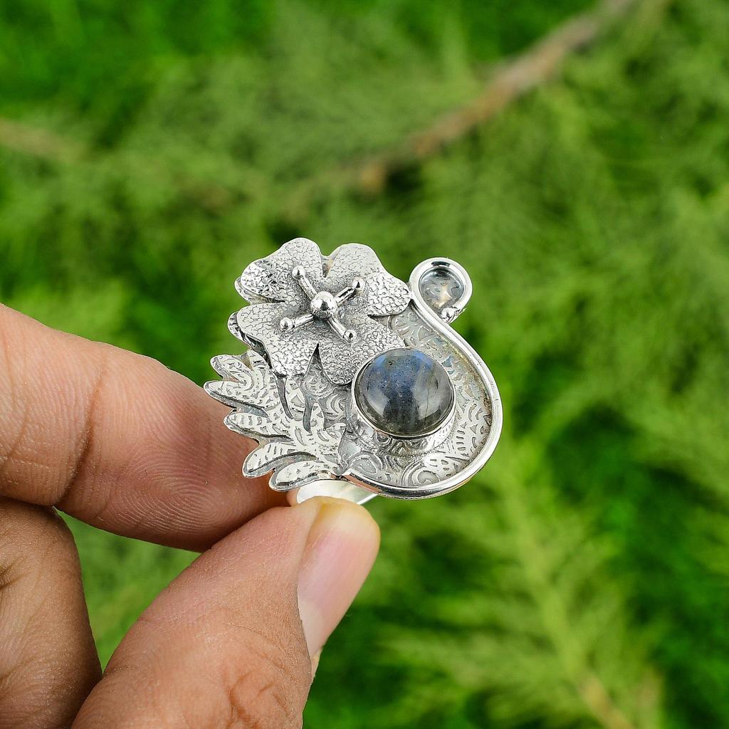 Round Third Eye Chakra Natural Labradorite Statement Flower Wife Ring 925 Silver