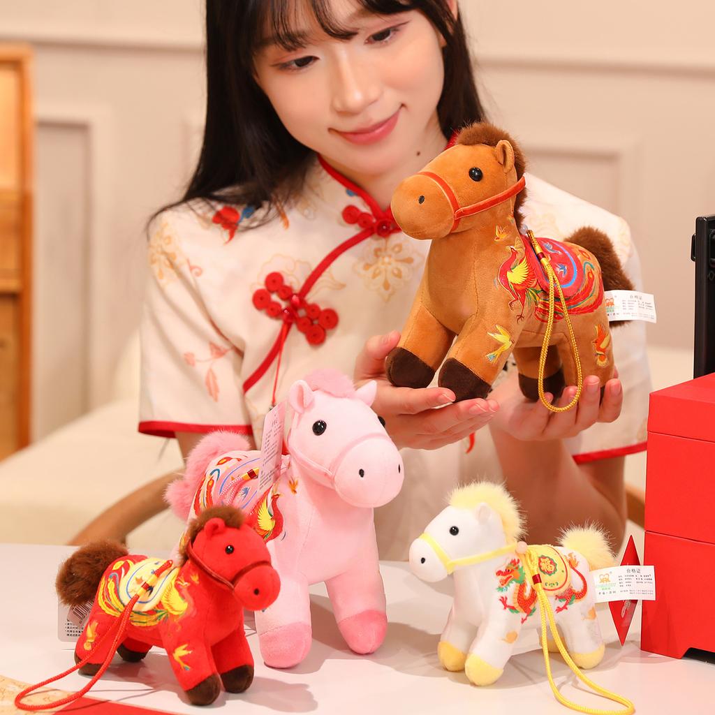 Chinese Style Folk Pony Pendant Plush Toy Doll Blue and White Porcelain Year of the Horse Mascot Bag Pendant Keychain