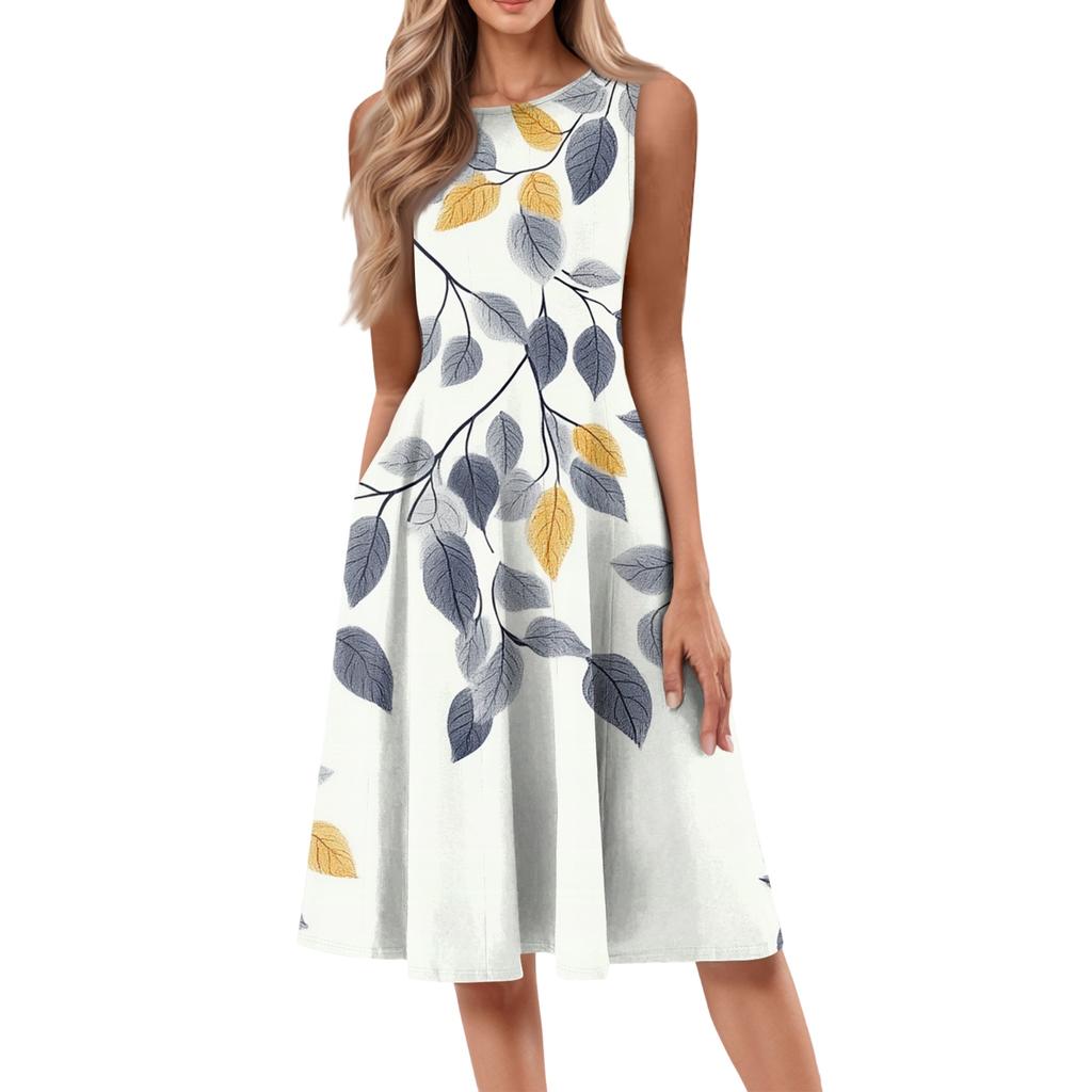 Женское повседневное модное платье миди с цветочным принтом и круглым вырезом без рукавов