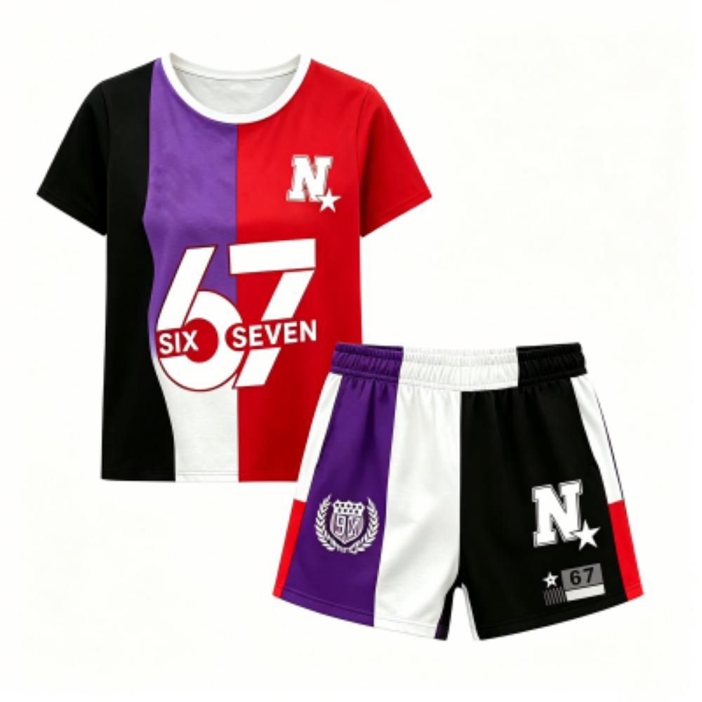Kids Letter 67 Color Blocking Printed 10 Colors Outdoor Street Kids T-shirt and Shorts 2 Piece Set Summer Home Casual Outfit Boy and Girl's Sports Set