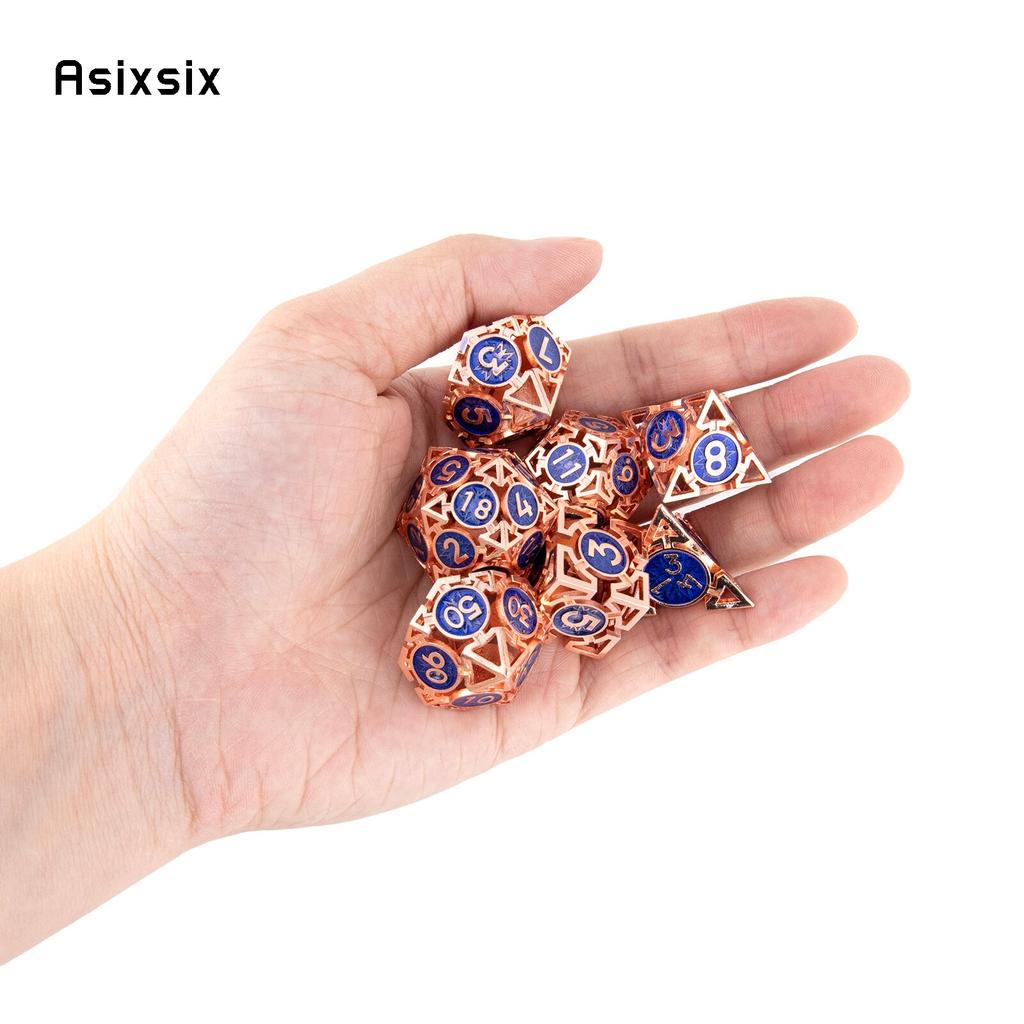 7 Pcs  Copper Blue Metal Dice Circular Hollow Metal Polyhedral Dice Set Suitable for Role-Playing RPG  Board Game Card Game