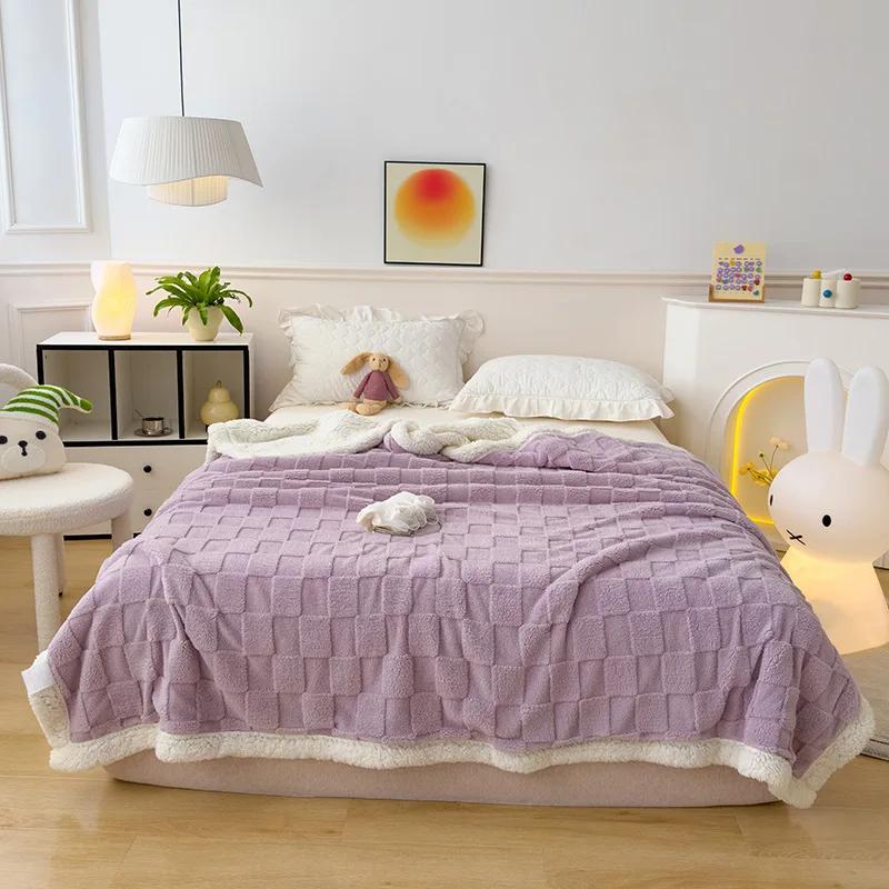 Checkerboard Faux Lamb Fleece Double Sided Blanket Soft Cozy Sofa Cover for Napping Multi-Purpose Machine Washable Bed Sheets