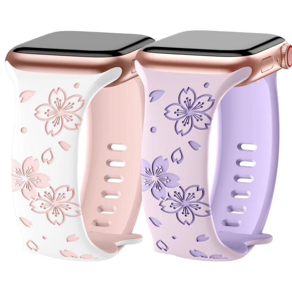 Silicone Silicone Bracelet 42/44/45mm Sakura Engraved Bracelet Watch Band For Apple Watch Band