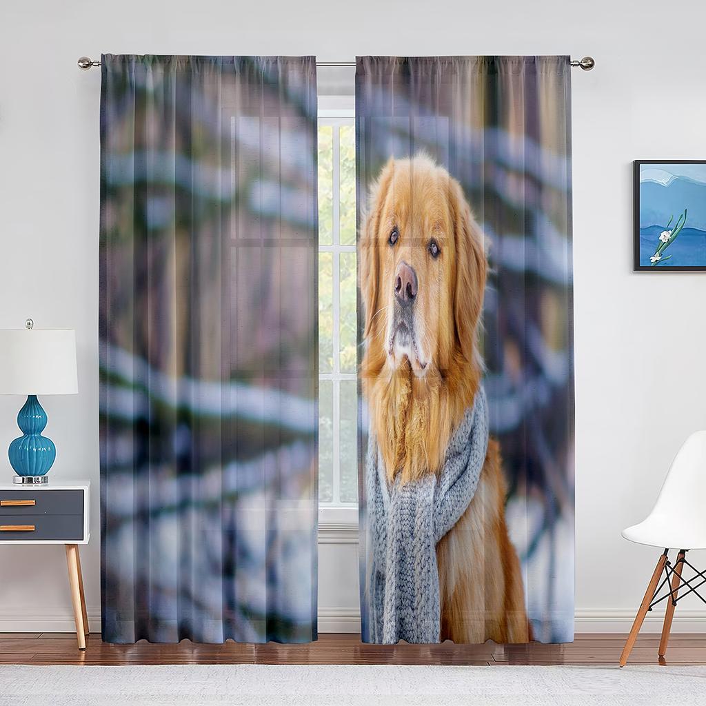 Тюлевые шторы с изображением собаки, австралийской овчарки, розовыми цветами для декора гостиной, спальни, прозрачные прозрачные занавески из вуали