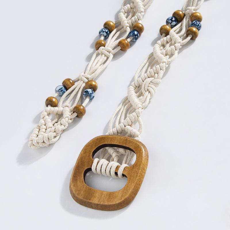 Богемный плетеный пояс из вощеного шнура в этническом стиле ручной работы с деревянными бусинами, повседневный стиль для отпуска, изысканная деревянная квадратная пряжка, пояс-шнур