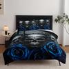 Fashion Novel Blue Rose Skull Print Bedding Set Soft Comfortable Duvet Cover For Guest Room (1*Duvet Cover + 2*Pillowcase)