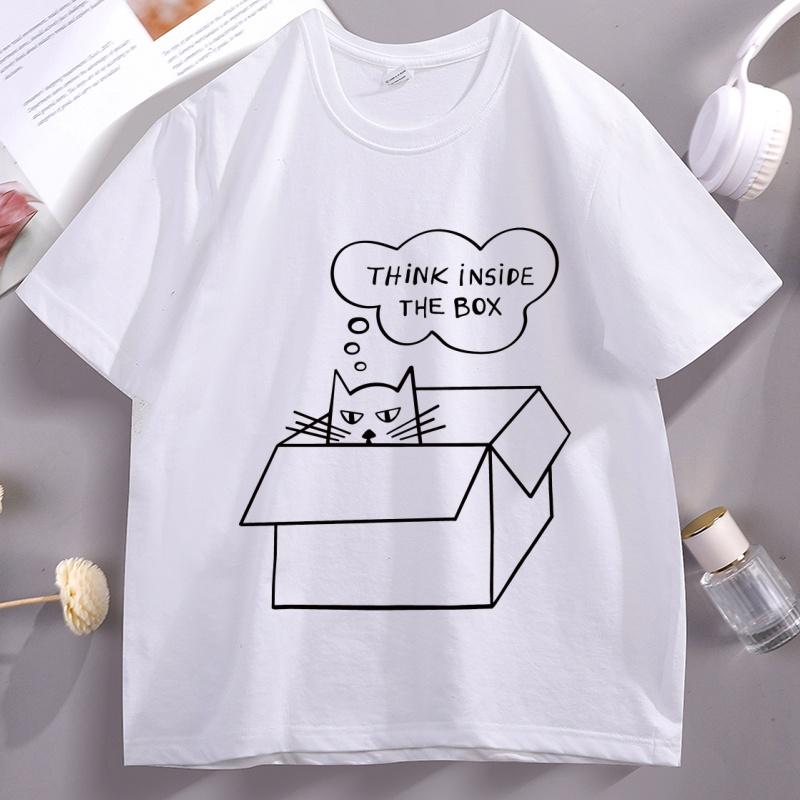 Think Inside The Box Line Art Tshirt Funny Cat Printed Tshirt Cotton Short Sleeve Round Neck T Shirt High Quality Unisex Clothes