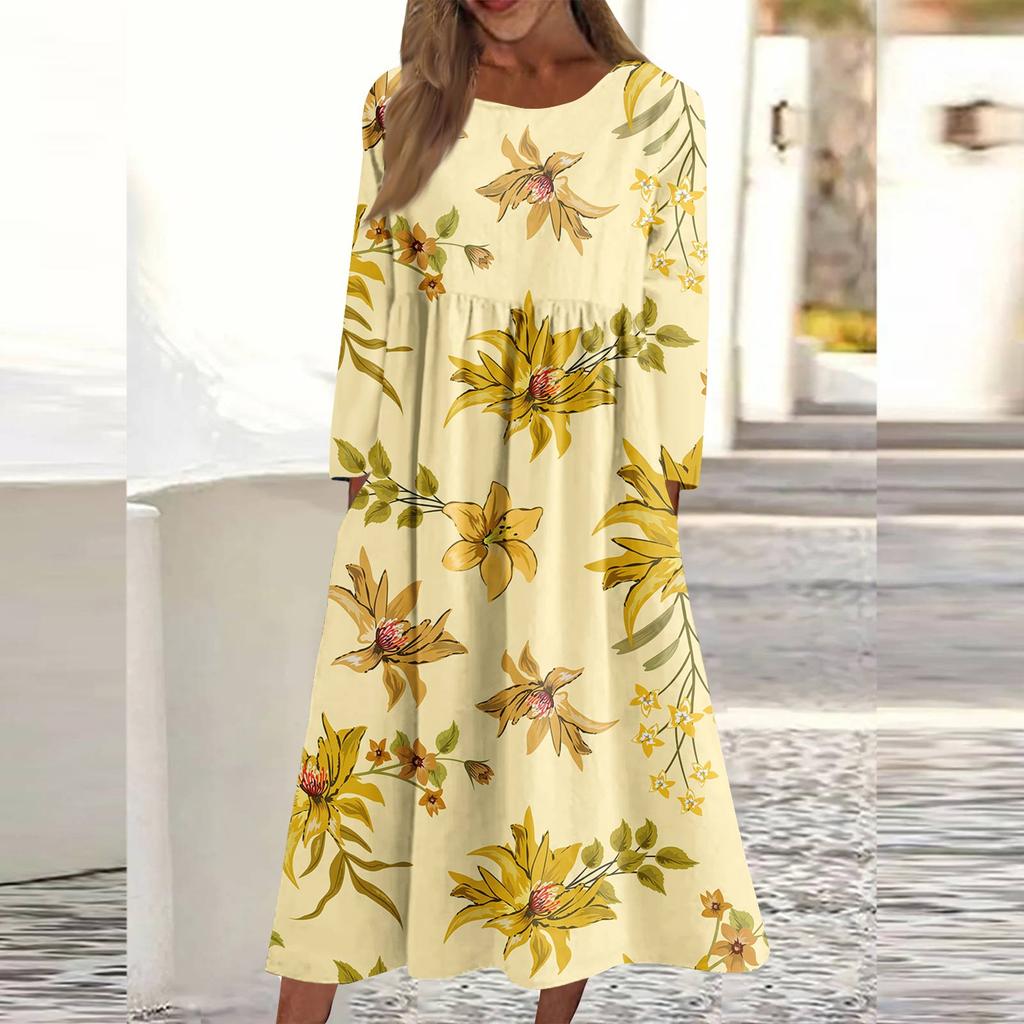 Женское повседневное платье средней длины с круглым вырезом и принтом, платье средней длины с длинными рукавами и карманом