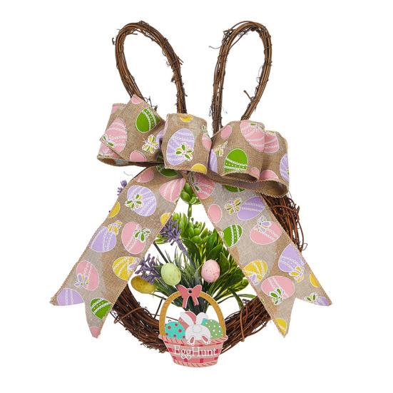 Венок пасхального кролика из ротанга, плетеный в форме кролика, венок с бантом, искусственная зелень для камина, двери, стены, окна, декор