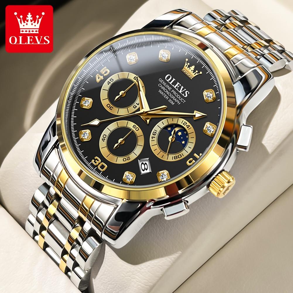 OLEVS 2889 Men's Watches Classic Multifunction Luminous Chronograph Moon Phase 24 Hour Waterproof Quartz Wristwatches for Man