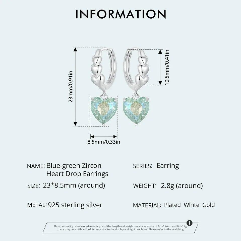 Bamoer 925 Sterling Silver Mint Green Heart Drop Earrings White Gold Plated Ear Buckles for Women Girls Party Fine Jewelry Gift