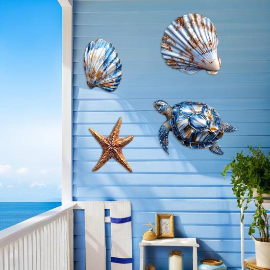 3/4Pcs/Set Wooden Fish Wall Decoration Farmhouse Rustic Nautical Turtle Shell Starfish Wall Art Sculpture Home Living Room Bathroom Wall Decorative