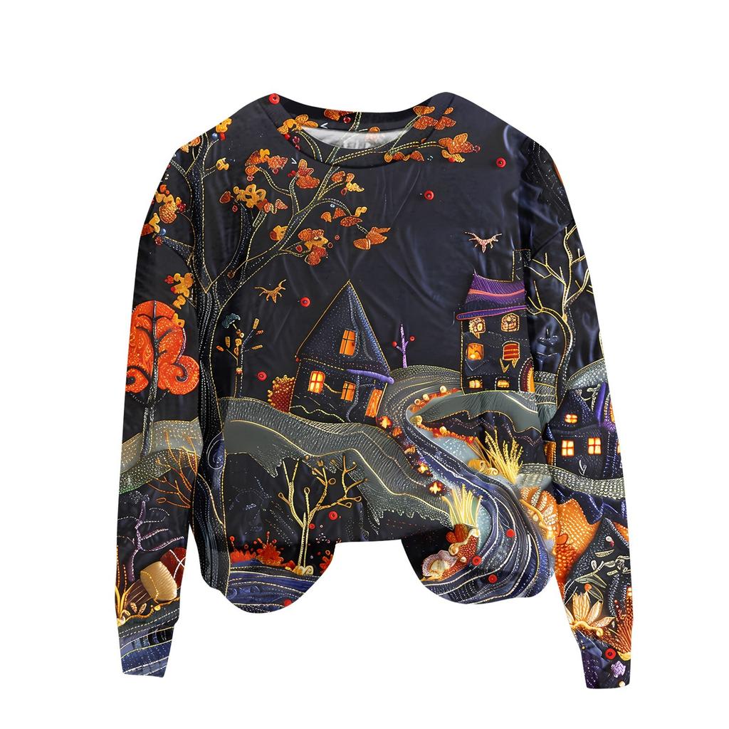 Ladies Fashion Casual Long Sleeve Halloween Printed Round Neck Hoodie Top