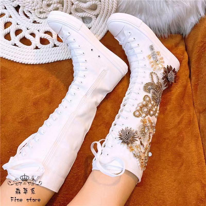 Luxurious Knee High Cut Canvas Shoes Women Lace-up Mid Calf Boots Flat Heel Female Casual Shoes High-top Boots Flats Canvas Shoe