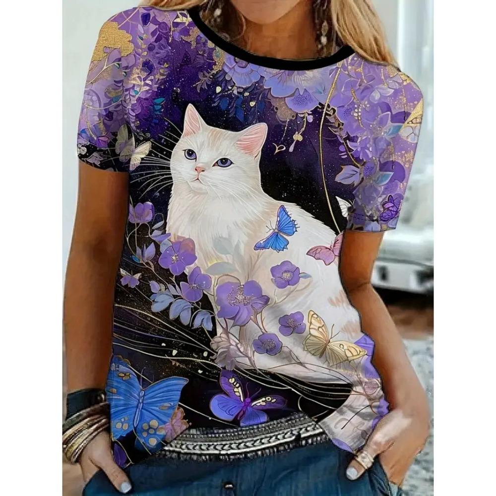 Женская футболка с принтом кошки, оверсайз, свободного кроя, повседневная, модная и универсальная