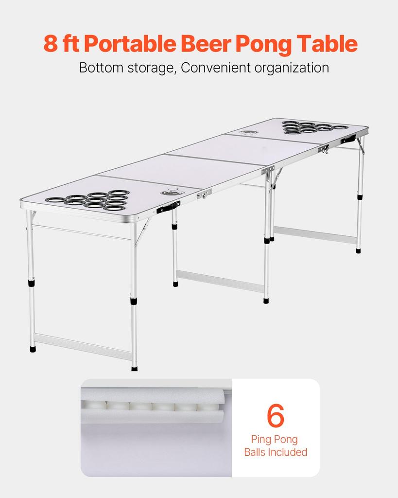 VEVOR 2.4 m Portable Beer Pong Table, Folding Tailgate Table, Cup Holes, Dry Erase Markers and Carrying Handles, Adjustable Height