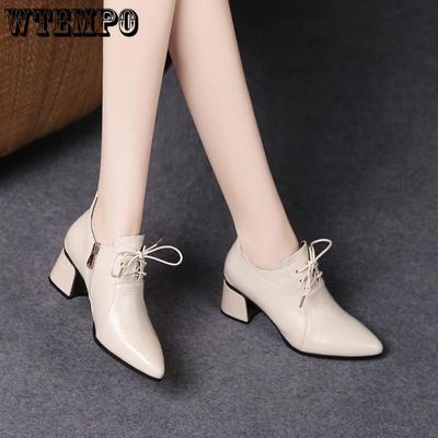 Женские однотонные туфли из мягкой кожи, женские весенне-осенние одинарные туфли на среднем каблуке со шнуровкой и глубоким вырезом