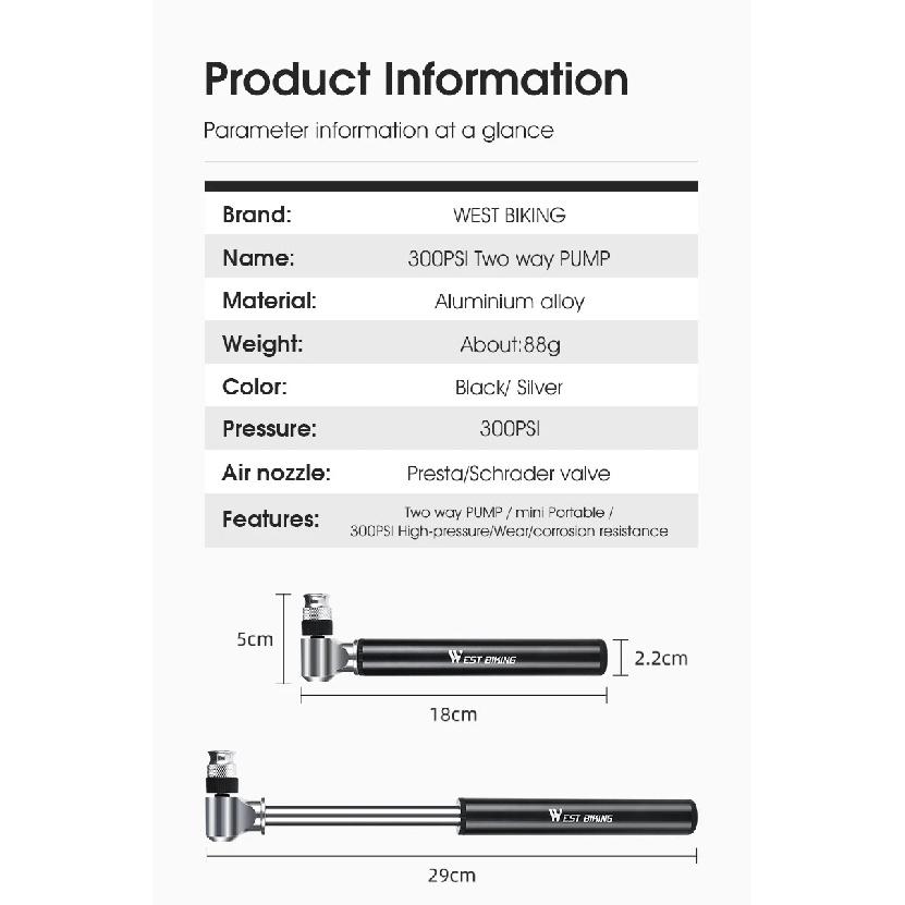 WEST BIKING Portable Bicycle Pump 300PSI High Pressure Bike Air Pump Bike Tire Inflator Schrader Presta Valve Cycling Hand Pump