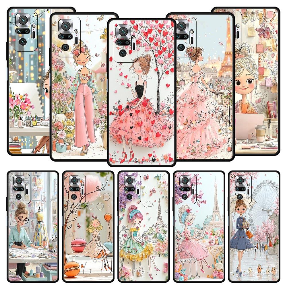 Cartoon Girl Phone Case Cover for Redmi 14C 10C Note 15 14 13 12 10 11 K40 Pro Plus 5G Soft TPU Shockproof Shell Funda Capas Bag