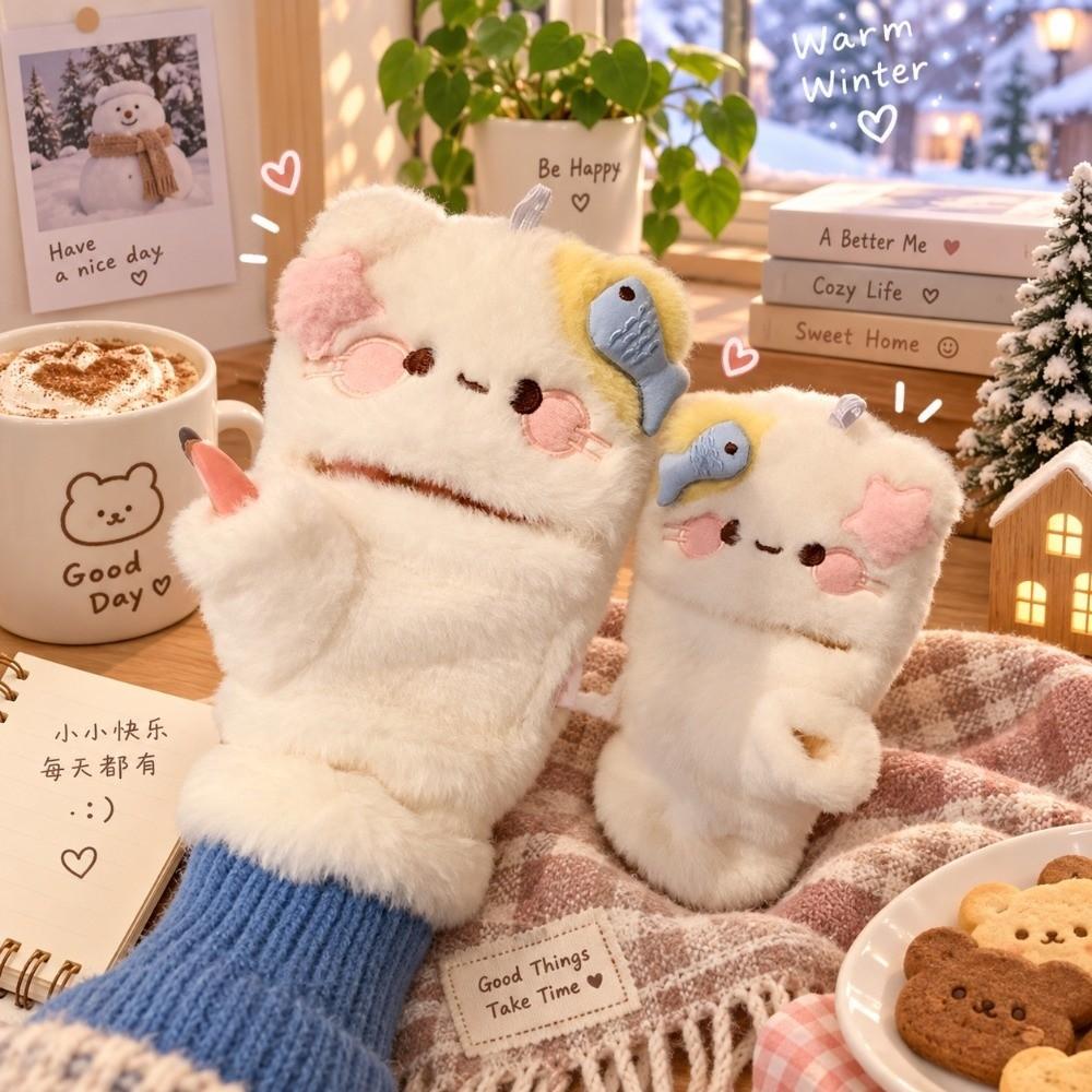 One Size Cartoon Cat Gloves Half Finger Winter Warm Touch Screen Gloves Soft Flip Top Gloves Girls