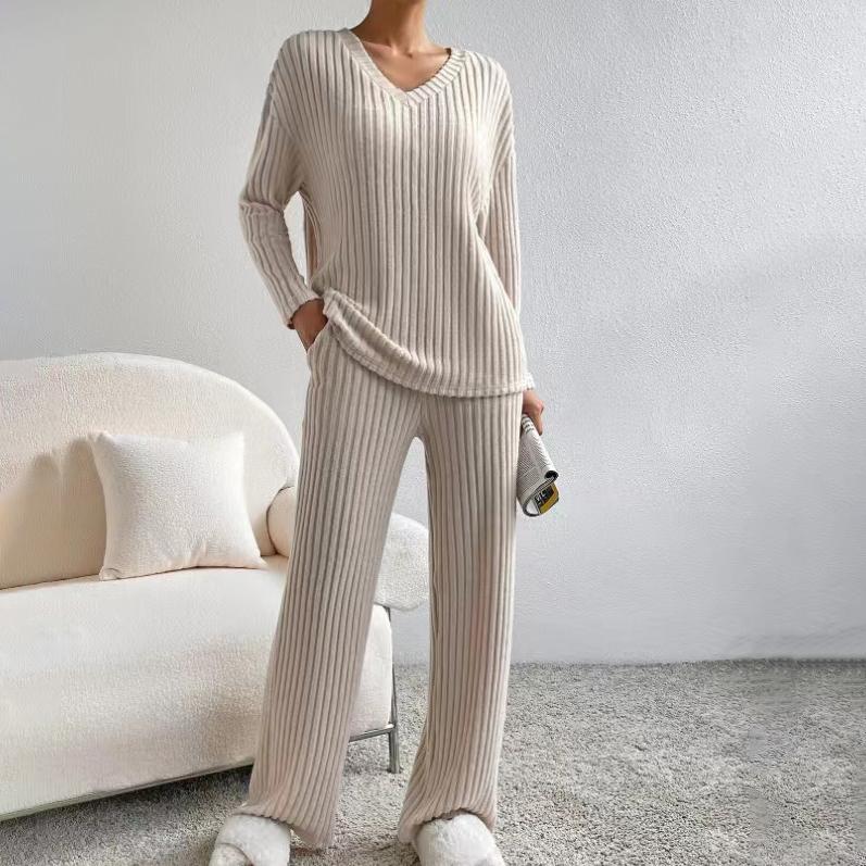 Autumn and Winter Two-piece Fashion Casual Straight Trousers Temperament Loose V-neck Pit-stripe Knitting Suit
