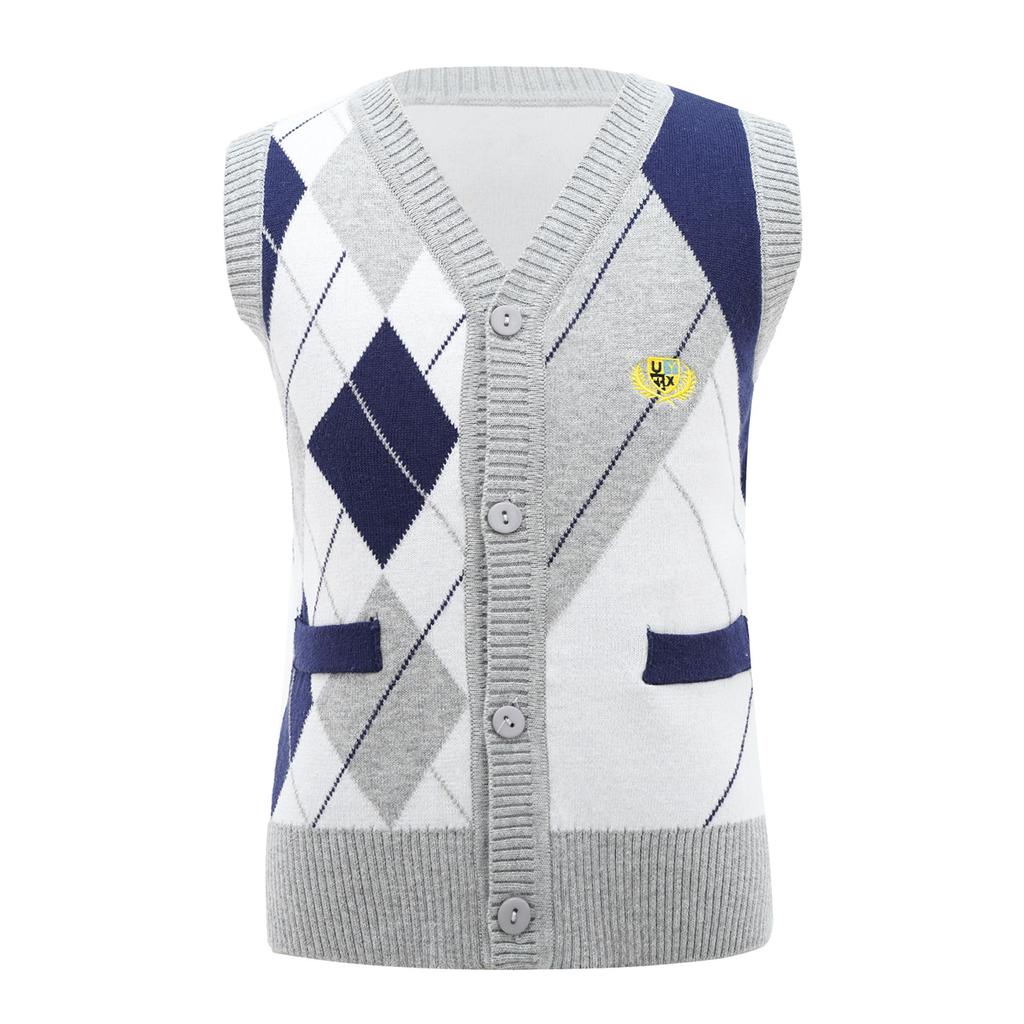 Детская стильная одежда для мальчиков без рукавов с v-образным вырезом и ромбовидным принтом, вязаный жилет на пуговицах, топ