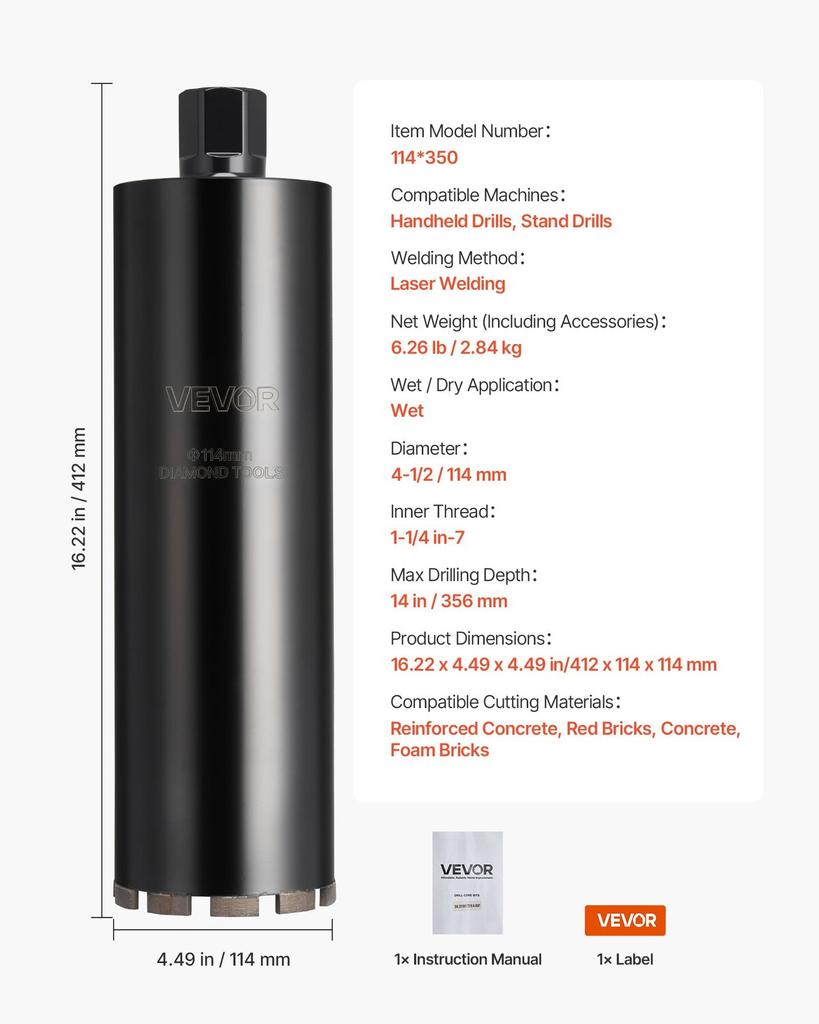Core Drill Bit, 114 mm Diameter, 356 mm Drilling Depth, 1-1/4 in-7 Internal Thread, High-Precision Welding Technology, Wet Diamond Core Bit for