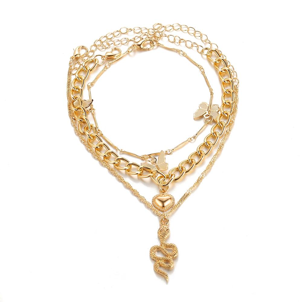 iF ME 3Pcs Bohemian Multi-Layer Butterfly Snake Heart Pendant Anklet Fashion Beach Leg Chain Boho Jewelry Gift
