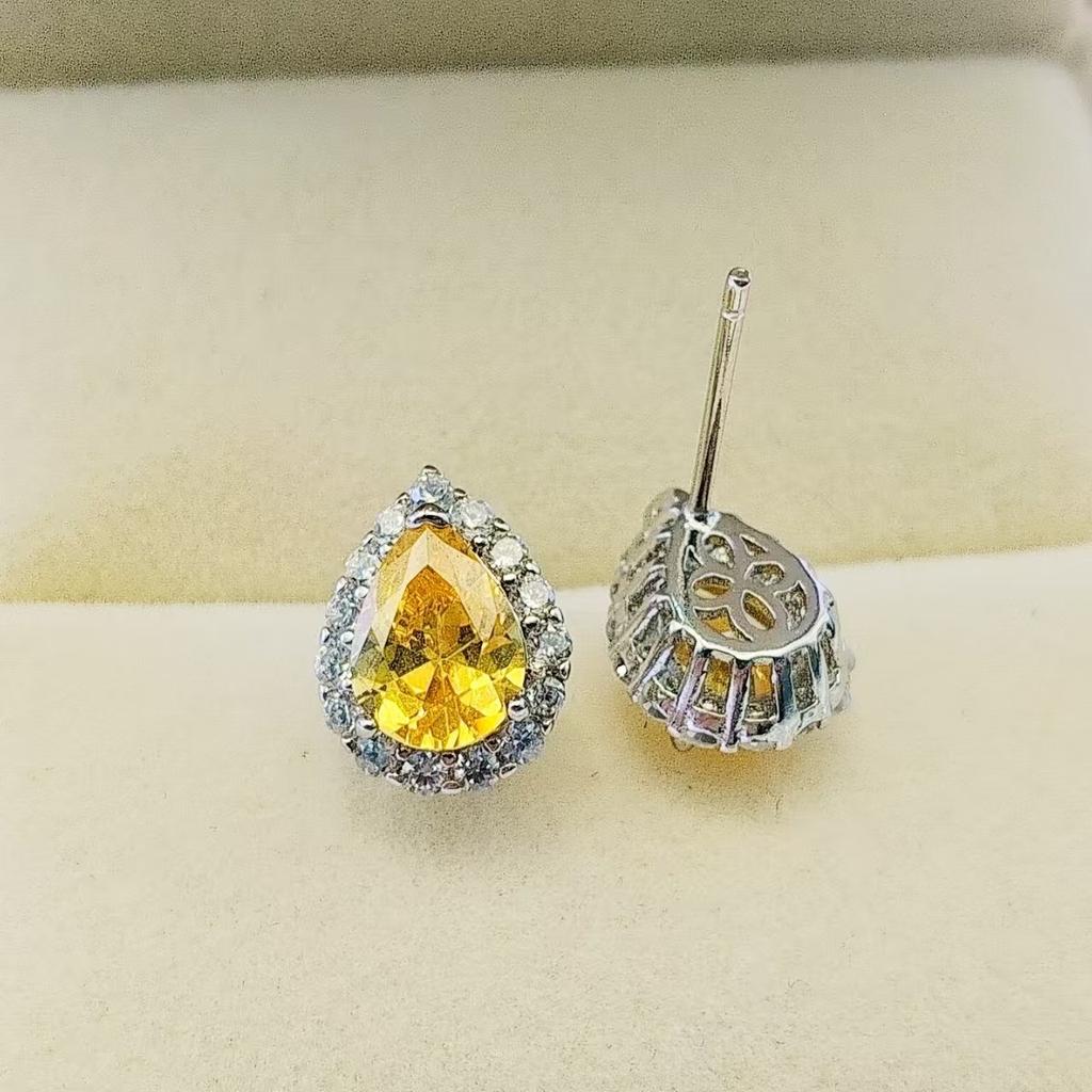 Earrings, Water Drop-shaped Zircon Stud Earrings, Women's Light Luxury High-end Zircon Stud Earrings, Versatile Colored Treasure Earrings.