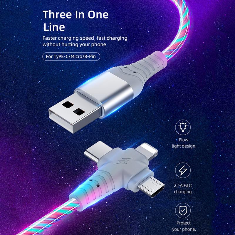 Светодиодный светящийся кабель для зарядки с эффектом потока 3 в 1, светящийся, для быстрой зарядки, Micro USB, Type-C, длина 1 метр, для фото, провод