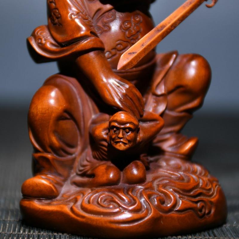 Chinese Vintage Boxwood Carving Zhong Kui Subdues The Devil Figure Statue Art