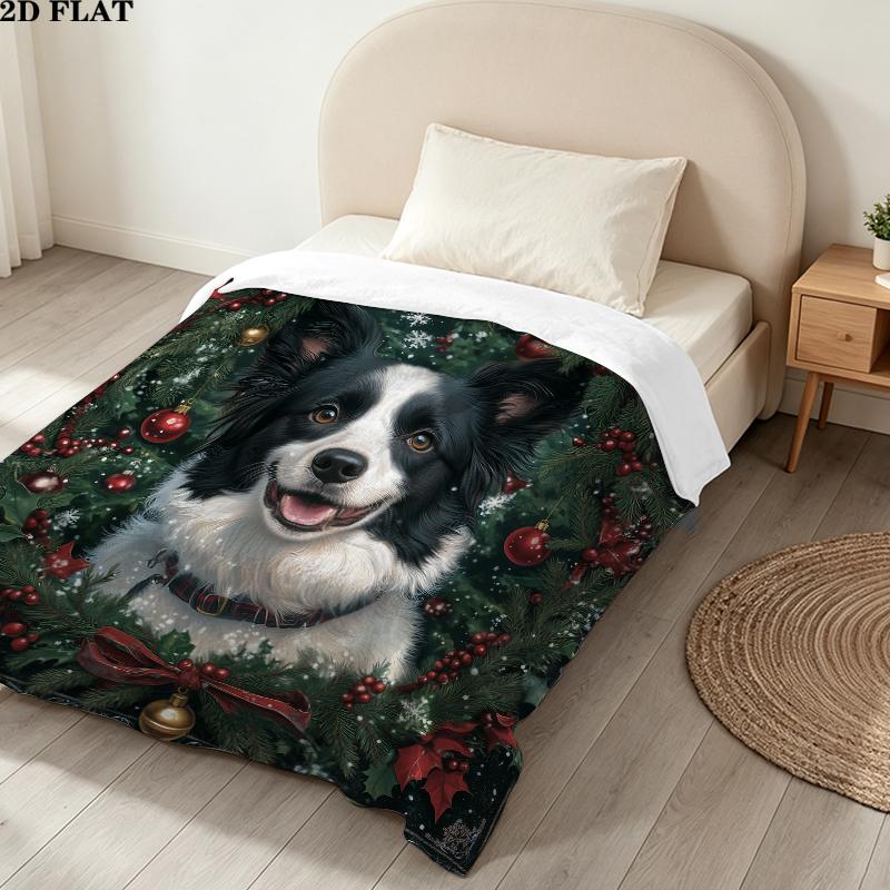 Christmas dog Printed Flannel Blanket, soft throw for bedroom sofa, washable, Christmas present, great gift.