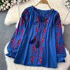 Summer Vintage Women Blouse Embroidered Puff Sleeve Color Block Ethnic Style Camisa Feminina Casual Tops