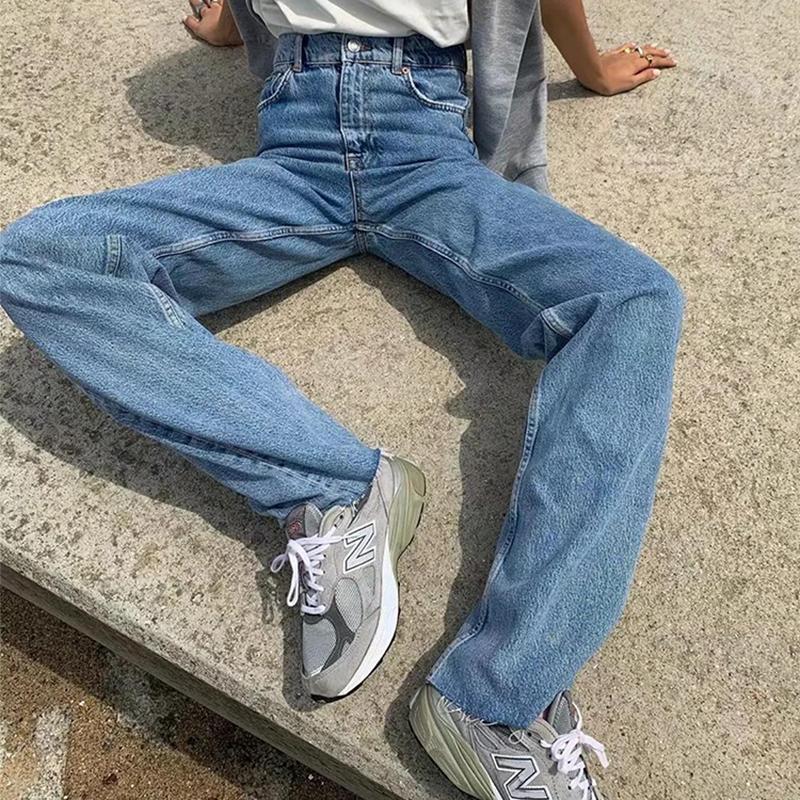 Женские джинсы с прямыми штанинами, джинсовая нижняя часть, Harajuku, длинные мешковатые джинсы с высокой талией, осенние брюки