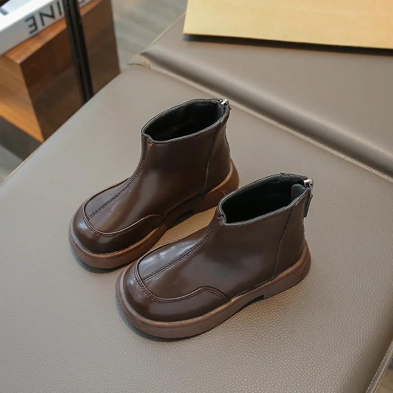 New Children Platform Ankle Boots Solid Color Causal Girls Spring Autumn Leather Boots Fashion Versatile Kids Black Short Boots