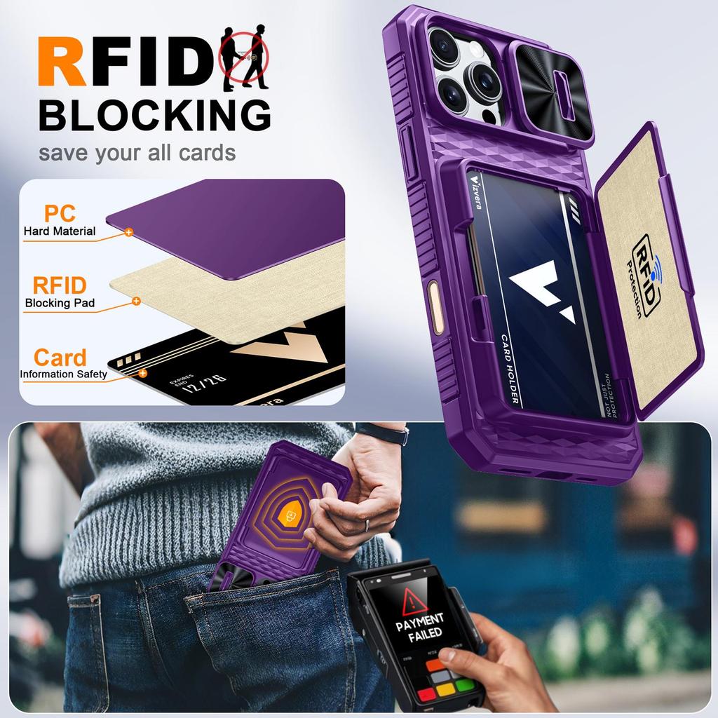 With Card Holder Sliding Camera Cover And Stand For iPhone 16 Pro Max Phone Case, Anti-Fall PC+TPU Wallet Case-Purple