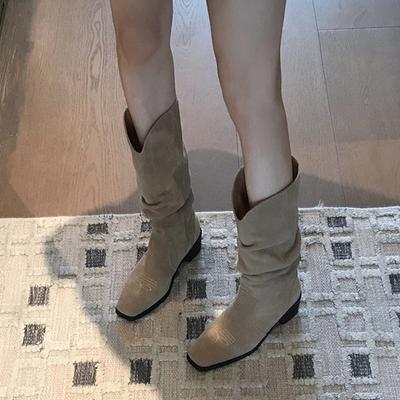 Осенняя и зимняя обувь Длинные туфли-трубы в стиле ретро с квадратной головкой и толстым каблуком, удобные складные ботинки больших размеров для женщин