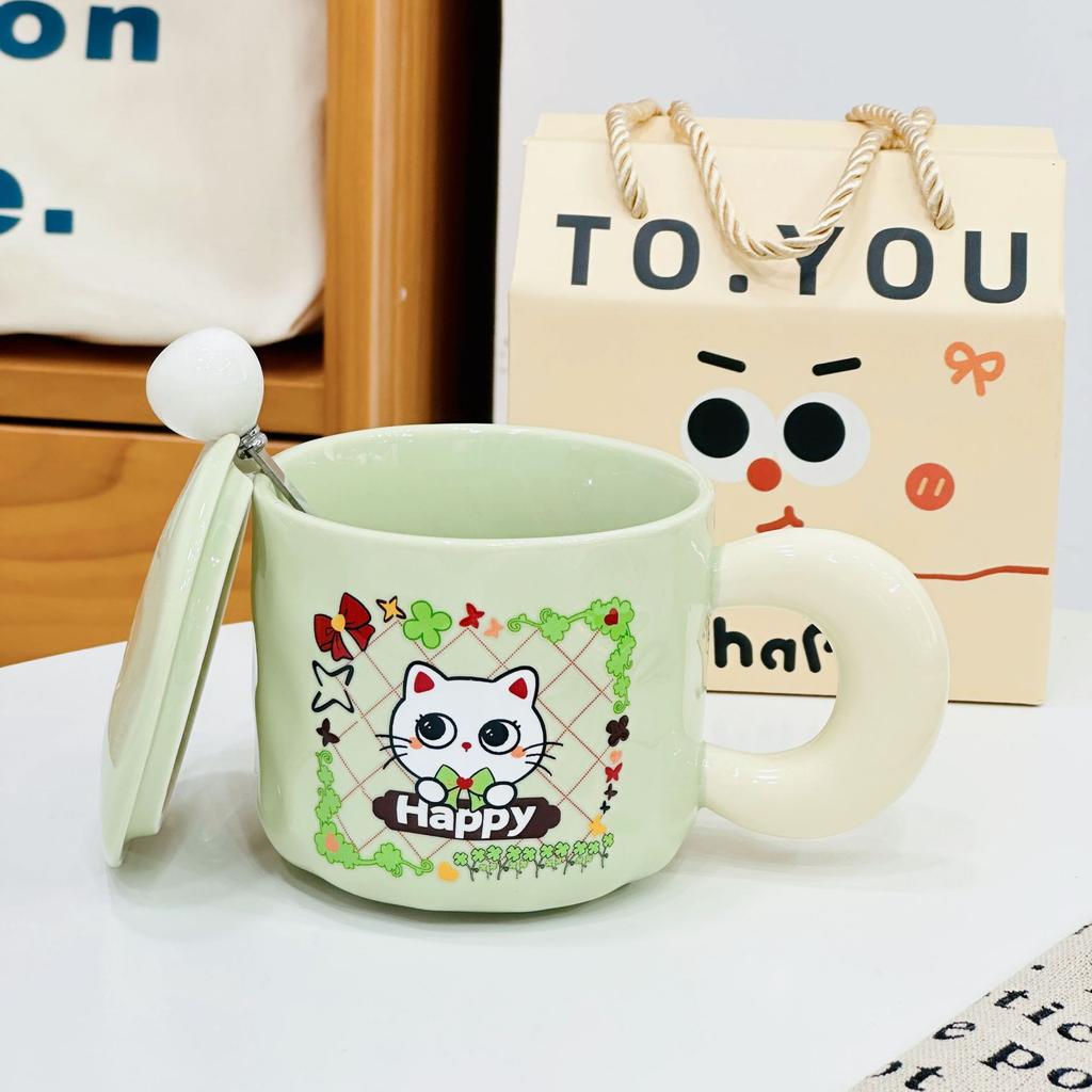 Gift Box Water Cup Cat Cute Ceramic Cup Cartoon High Value Mug High Value Simple Cup with Lid Spoon