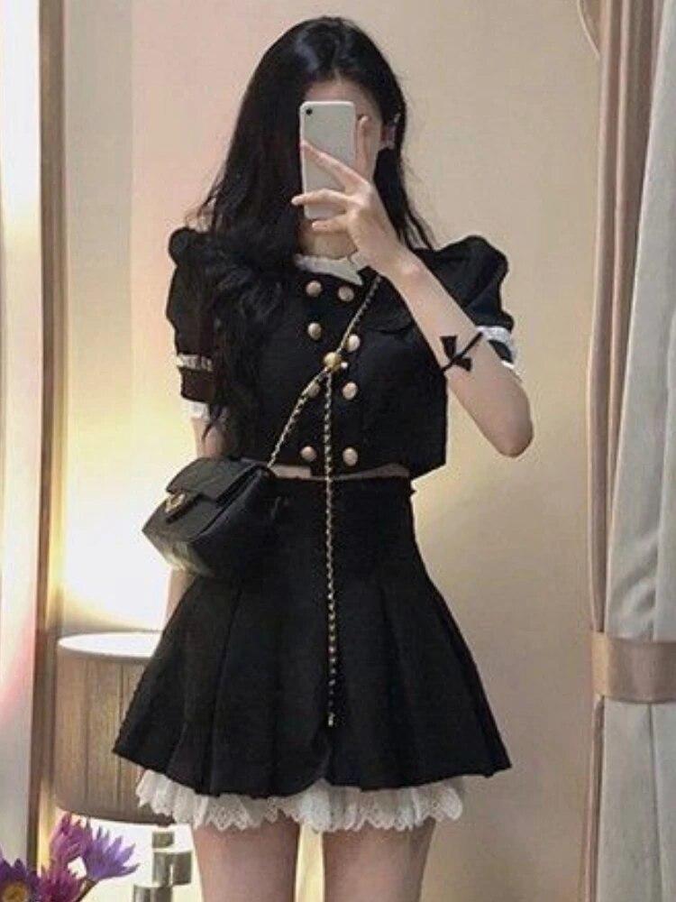 Black French Vintage New Two Piece Set Women College Style Lace Elegant Skirt Sets Female Japanese Sweet Mini Skirt Suit Summer