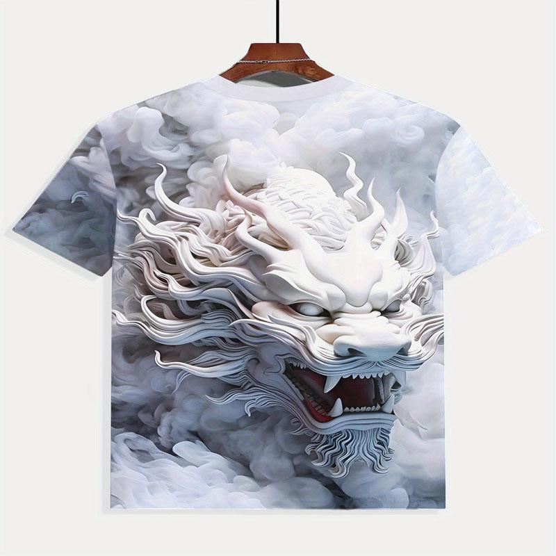 Летняя мужская футболка с цифровым принтом «Белый дракон», модная универсальная футболка с круглым вырезом, подходит для занятий спортом на открытом воздухе и повседневной носки, короткий рукав для мужчин