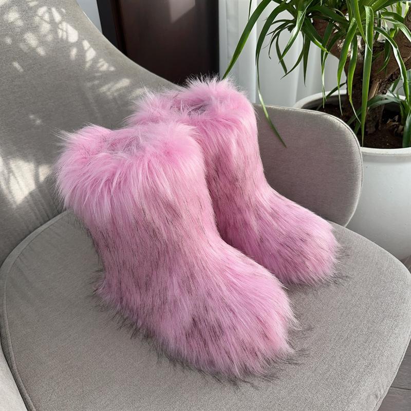 Imitation Raccoon Fur Plush Snow Boots Bag Head Warm Fluffy Fluffy Hot Girl