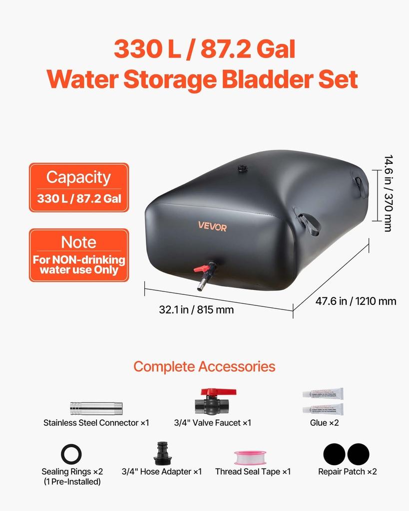 Water Storage Bladder, 330L Portable & Collapsible Water Storage Bag, Wear-Resistant 1000D PVC Soft Waters Bag, Leakproof Camping Tank Containers for