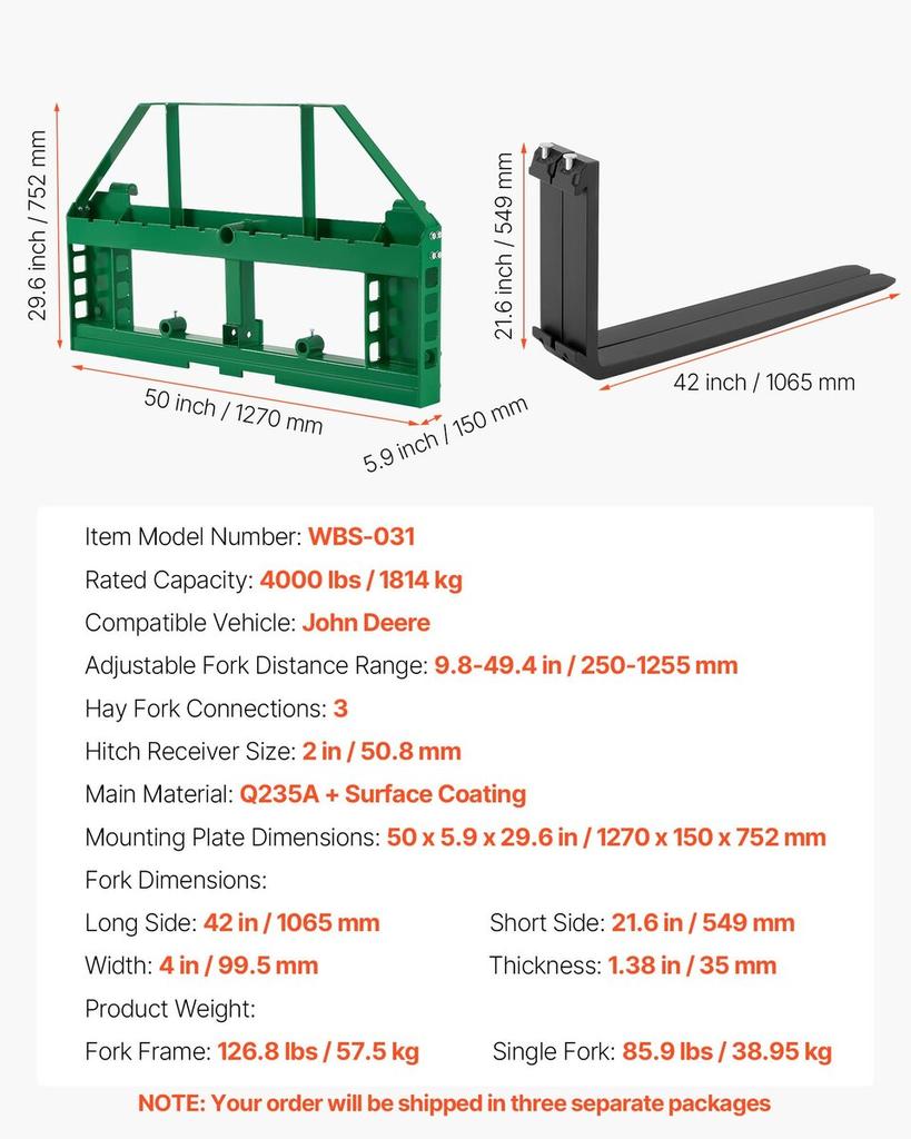 Skid Steer Pallet Forks, 1814 kg Rated Load Capacity, Pallet Fork Frame Attachment with 1065 mm Pallet Forks Forklift Blades, 50.8 mm Hitch Receiver &